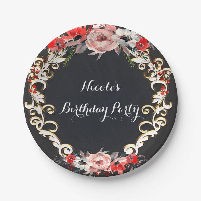 December Winter Wedding Holly Berry Floral Elegant Paper Plate (Front)