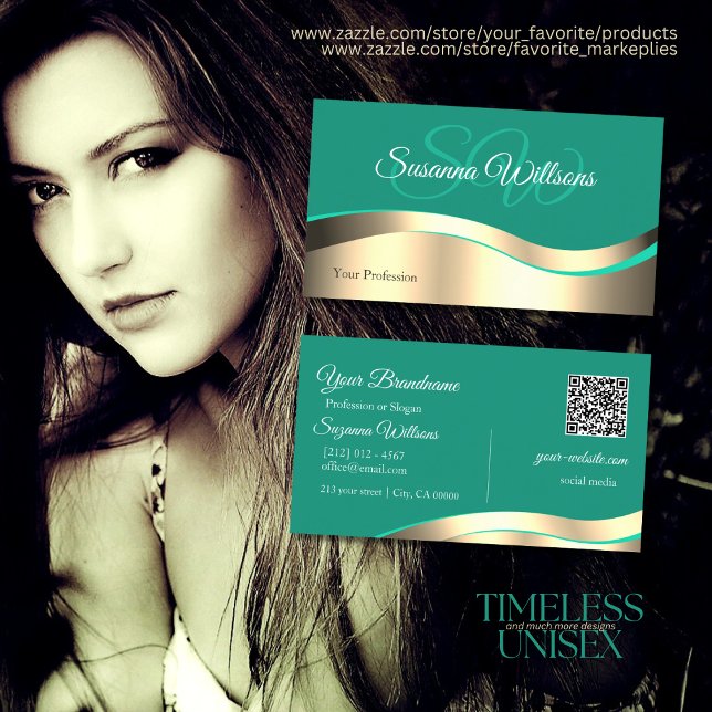 Decent Dark Teal Wavy Gold Decor Initials QR Code Business Card (Creator Uploaded)