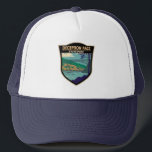 Deception Pass State Park Bridge Washington Badge Trucker Hat<br><div class="desc">Deception Pass State Park artwork in a badge style design. The park connects Skagit Bay,  part of Puget Sound,  with the Strait of Juan de Fuca. A pair of bridges known collectively as Deception Pass Bridge cross Deception Pass.</div>