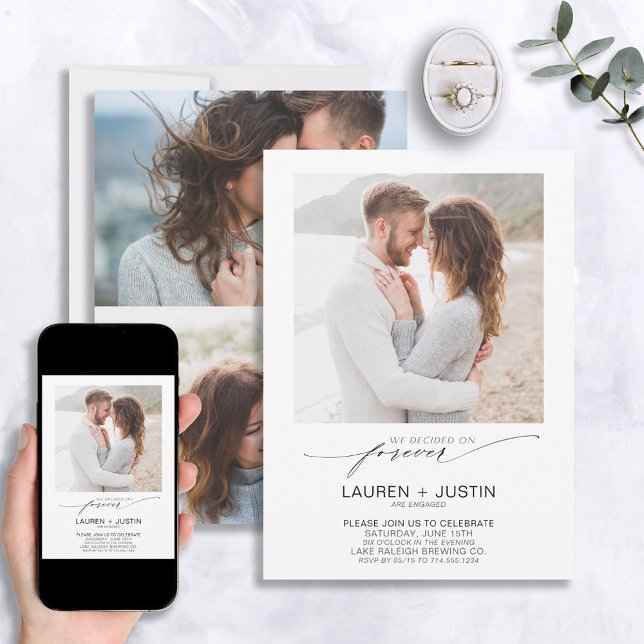 Decided on Forever Black White 3 Photo Engagement Invitation (Creator Uploaded)