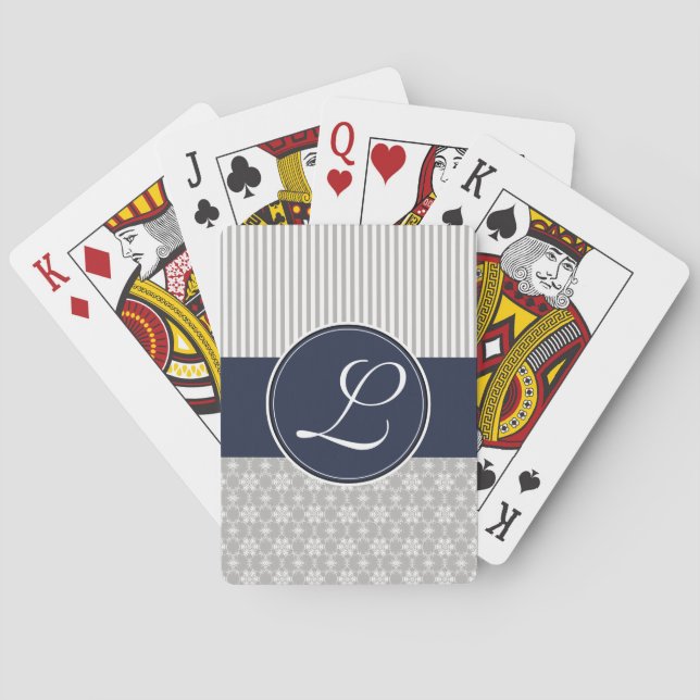 Deck of Cards, Custom Monogram Navy Grey Pattern Playing Cards (Back)