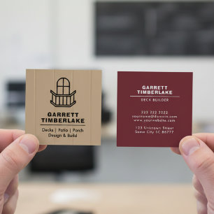 Deck Porch Patio Builder Sandstone Beige & Maroon Square Business Card
