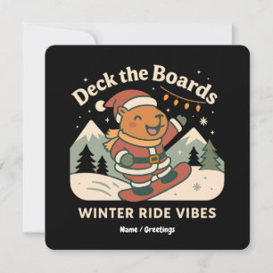 Deck the Boards Cute Santa Capybara Snowboarding Invitation