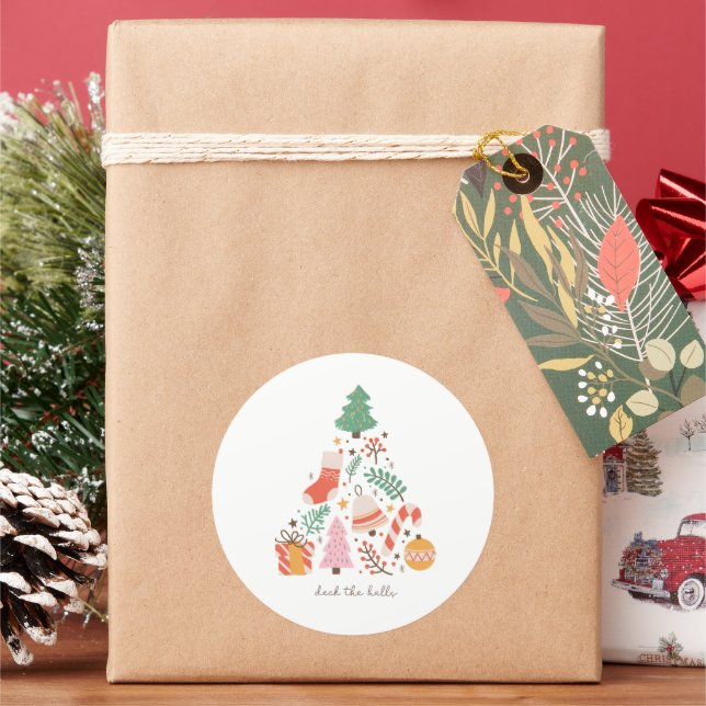 Deck the Halls Christmas Tree Decoration Holiday Classic Round Sticker (Holiday)