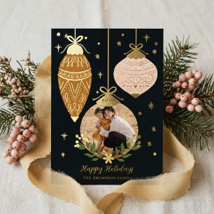 Deck The Halls Elegant Hanging Photo Ornaments Foil Holiday Card