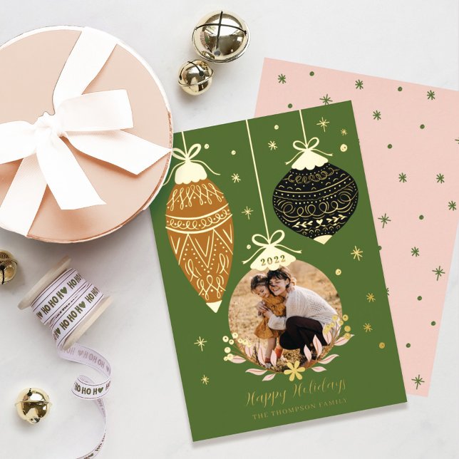 Deck The Halls Elegant Hanging Photo Ornaments Foil Holiday Card (Creator Uploaded)