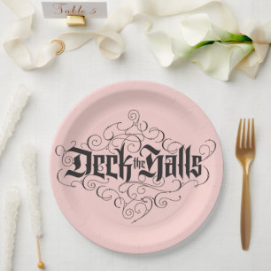 Deck the Halls Modern Christmas Blush Pink Black Paper Plate