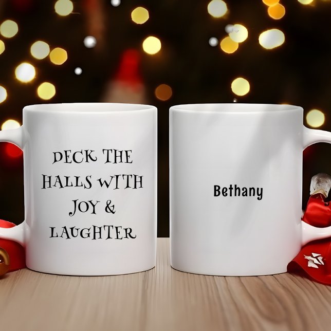 Deck the Halls Quirky Text Name Christmas Coffee Mug (Front and back view)