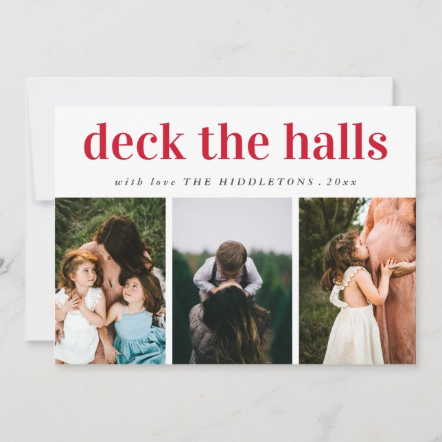 Deck The Halls Red Script Three Photo Holiday (Front)