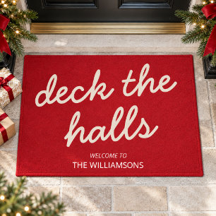 Deck the Halls Red Script Welcome Family Name Doormat