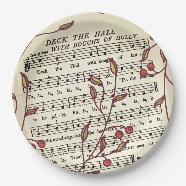 Deck the Halls Sheet Music Christmas Paper Plate (Front)
