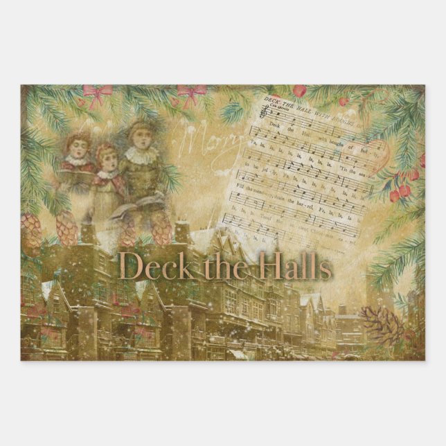 "Deck the Halls" Vintage Wrapping Paper Sheet (Front)