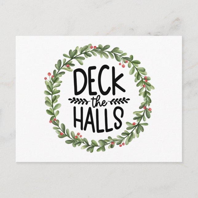 Deck the Halls Watercolor Wreath Holiday Postcard (Front)