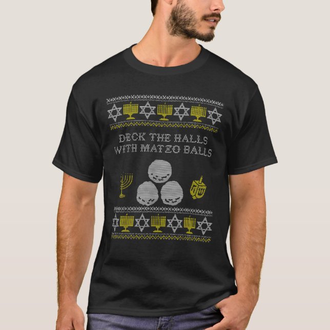 Deck the Halls with Matzo Balls Funny Jewish Hanuk T-Shirt (Front)