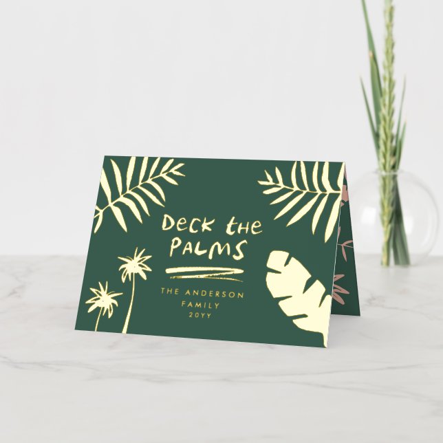 deck the palms christmas tropical  modern foil holiday card (Front)