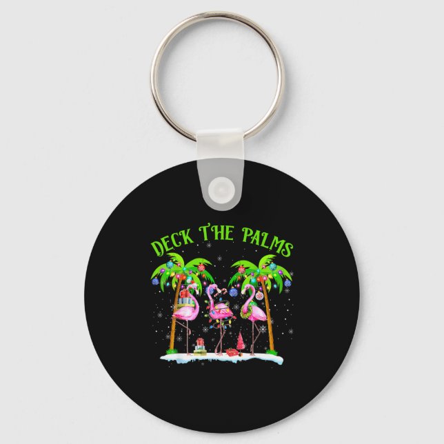 Deck The Palms Flamingo Trocal Christmas Lights Pa Keychain (Front)