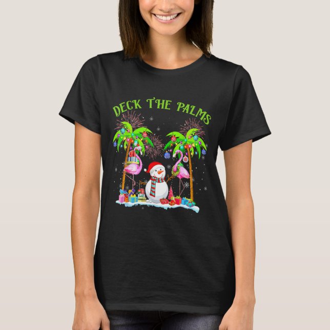 Deck The Palms Flamingo Trocal Christmas Lights Pa T-Shirt (Front)