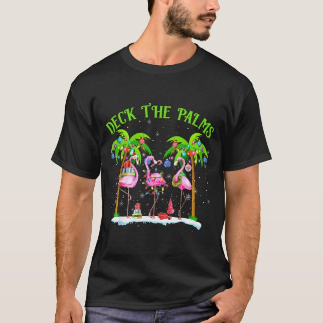 Deck The Palms Flamingo Trocal Christmas Lights  T-Shirt (Front)
