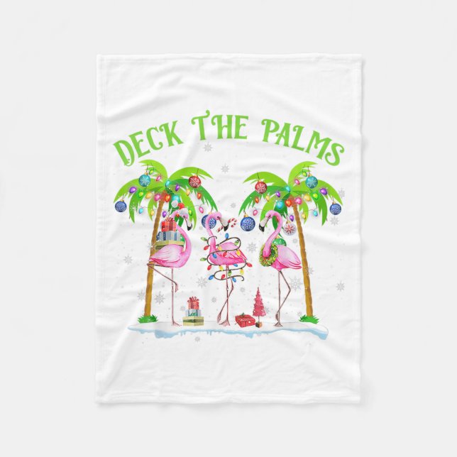 Deck The Palms Flamingo Tropical Christmas Lights  Fleece Blanket (Front)