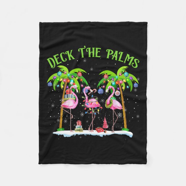Deck The Palms Flamingo Tropical Christmas Lights  Fleece Blanket (Front)