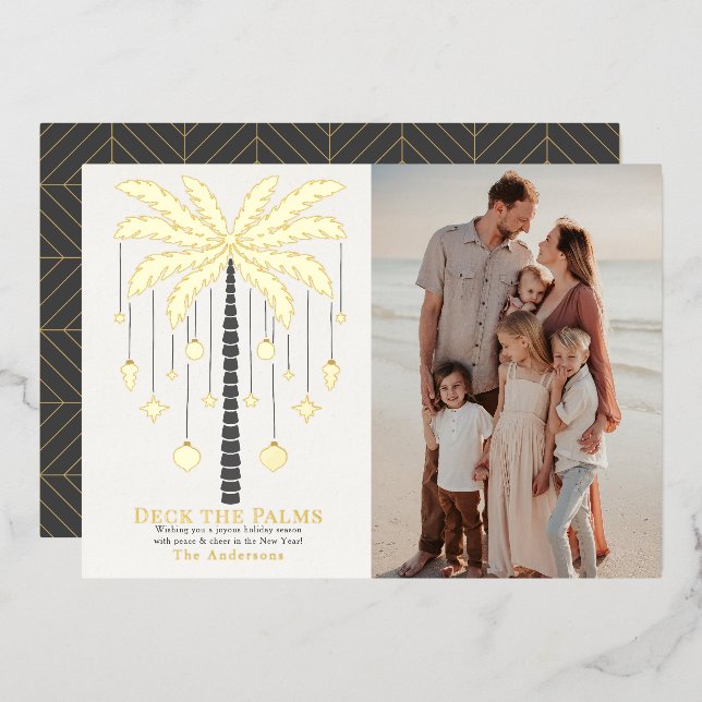 Deck the Palms Golden Palm Tree Christmas Photo Foil Holiday Card (Front/Back)