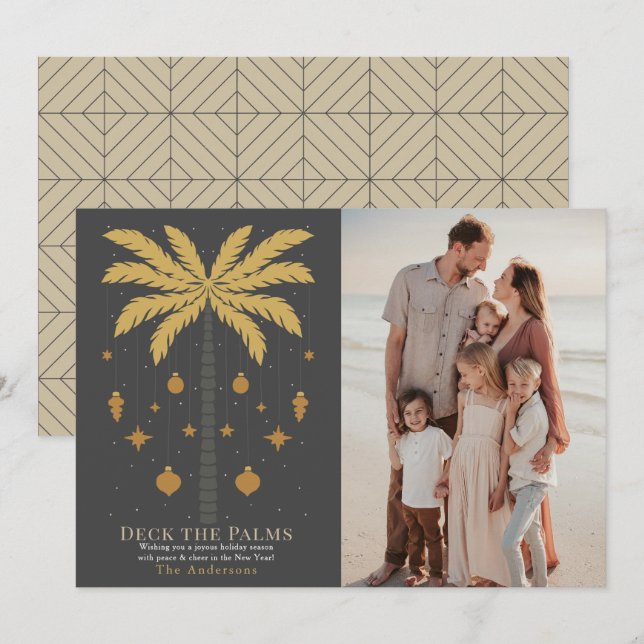 Deck the Palms Palm Tree Grey Christmas Photo Holiday Card (Front/Back)