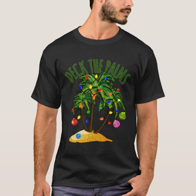 Deck The Palms Tropical Hawaii Christmas Palm Tree T-Shirt (Front)