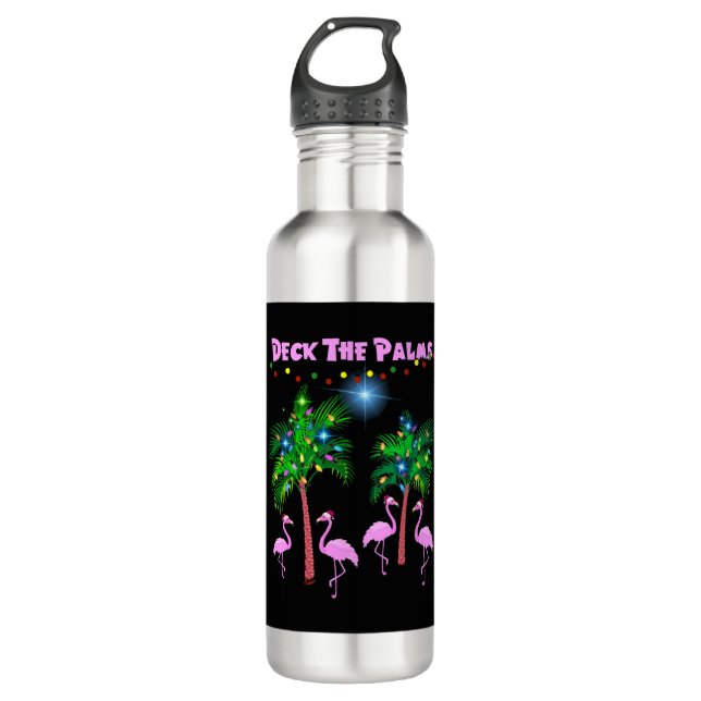 Deck The Palms Tropical Pink Flamingos Palm Tree 710 Ml Water Bottle (Front)