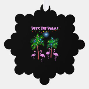 Deck The Palms Tropical Pink Flamingos Palm Tree Ornament Card