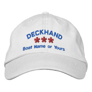DECKHAND Personalized Name Custom WHITE RED BLUE Embroidered Hat