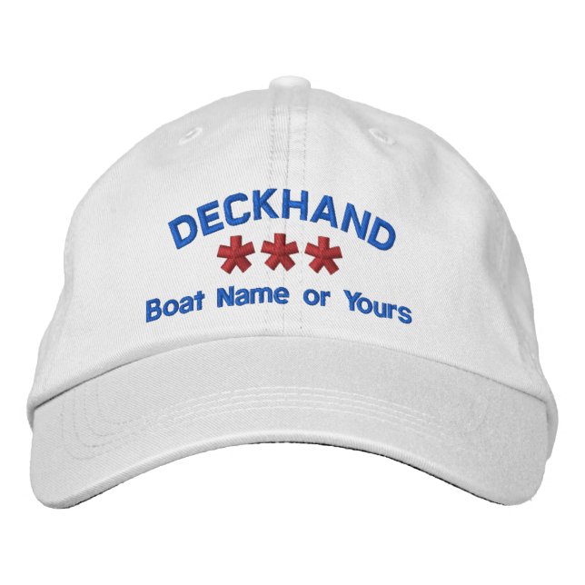 DECKHAND Personalized Name Custom WHITE RED BLUE Embroidered Hat (Front)