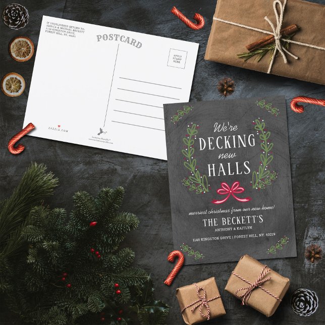 Decking New Halls | Chalkboard Holiday Moving Announcement Postcard (Creator Uploaded)
