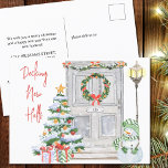 Decking New Halls Christmas Door Number Holiday<br><div class="desc">Christmas postcard announcing your new address. It is lettered with Decking New Halls in casual handwriting and you can add your door number to the front door number plate as well as your personalized message on the back. The watercolor design features a festive front door with wreath, your door number,...</div>