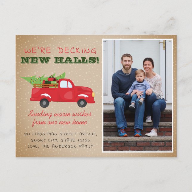 Decking New Halls Christmas Photo Holiday Moving Announcement Postcard (Front)
