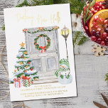 Decking New Halls Door Number Gold Foil Christmas Foil Holiday Card<br><div class="desc">Luxury gold foil, all in one holiday moving announcement and christmas card personalized with your new address and christmas greeting. It is lettered in gold foil with Decking New Halls in casual handwriting. The watercolor design features a festive front door with wreath, your door number, christmas tree, presents, snowman and...</div>