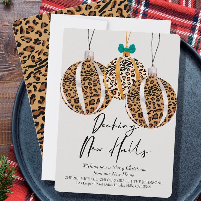 Decking New Halls Leopard Print Tree Ornaments Holiday Card (Creator Uploaded)