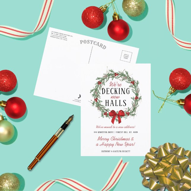 Decking New Halls | Modern Holiday Moving Announcement Postcard (Creator Uploaded)