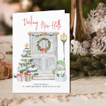 Decking New Halls New Door Number Christmas Moving Announcement<br><div class="desc">All in one holiday moving announcement and christmas card personalized with your new address and christmas greeting. It is lettered with Decking New Halls in casual handwriting. The watercolor design features a festive front door with wreath,  your door number,  christmas tree,  presents,  snowman and lantern.</div>