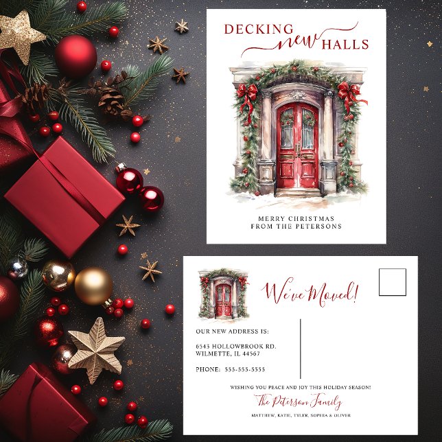 Decking New Halls New Home Red Door Holiday Moving Announcement Postcard (Creator Uploaded)