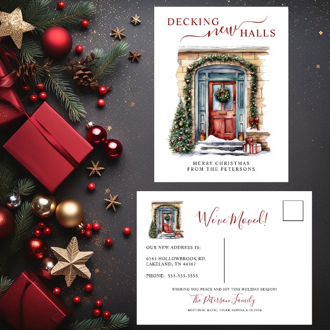 Decking New Halls New Home Red Door Holiday Moving Announcement Postcard (Creator Uploaded)
