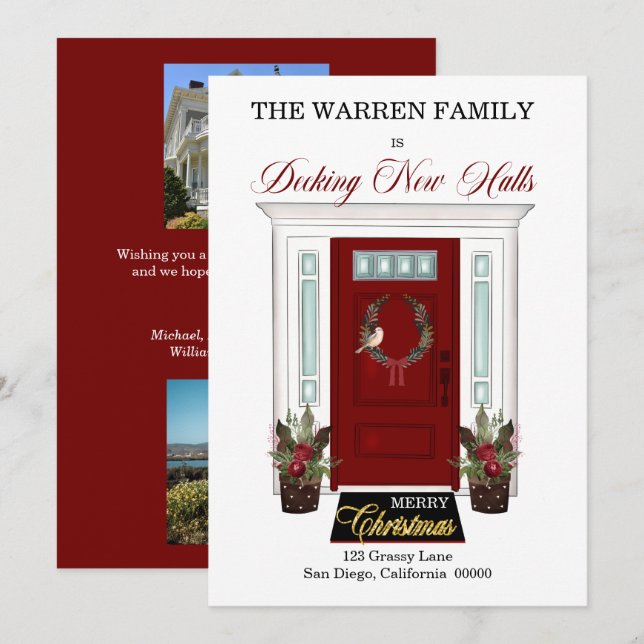 Decking New Halls Red Door Christmas Photo Moving Announcement (Front/Back)