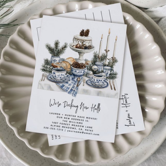 Decking New Halls Rustic Watercolor Pine Holiday Announcement Postcard (Creator Uploaded)