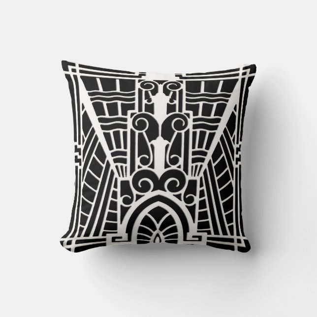 Deco Architectural Pattern, Black and White Throw Pillow (Front)