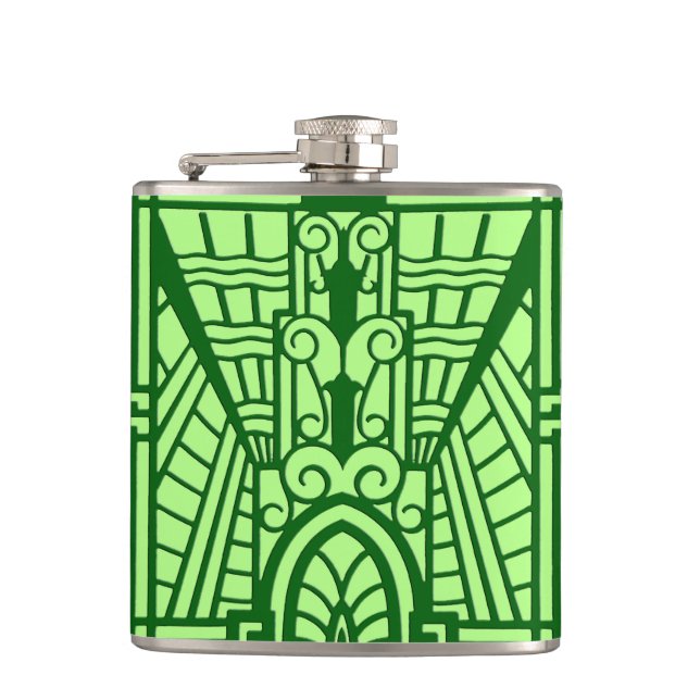 Deco Architectural Pattern, Light Jade Green Hip Flask (Front)