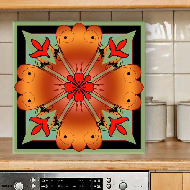 Deco Artistic Floral Kitchen or Bathroom Tile (Colorful abstract floral geometric design kitchen tile in warm burgundy and soft green)