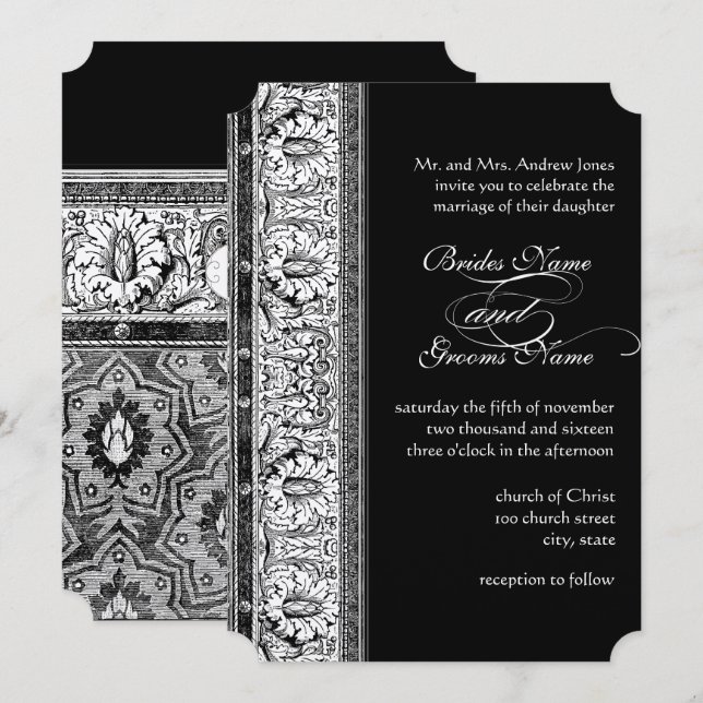 Deco Black Damask Wedding Invitations (Front/Back)
