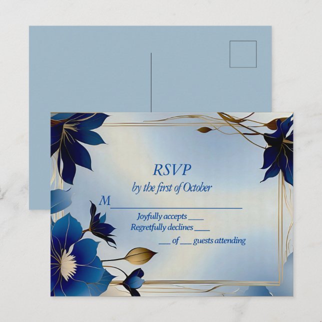 Deco blue flowers wedding RSVP  Postcard (Front/Back)