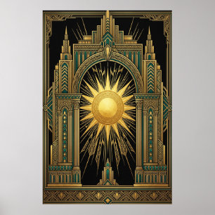 Deco Celestial Sun Portal Poster   Gold Teal Cathe