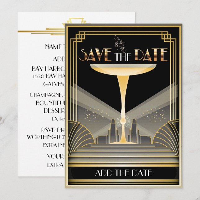 Deco Champagne Save The Date Invitation (Front/Back)