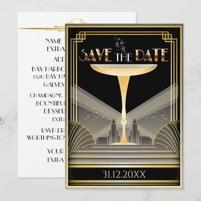 Deco Champagne Save The Date Invitation (Front/Back)